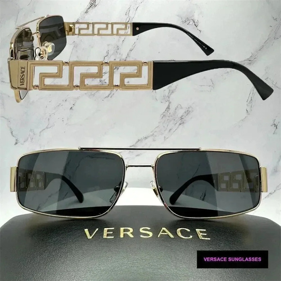 Versace Sunglasses Gold Rectangle Metal Logo Black Retro Italy 100% Authentic - Picture 15 of 16